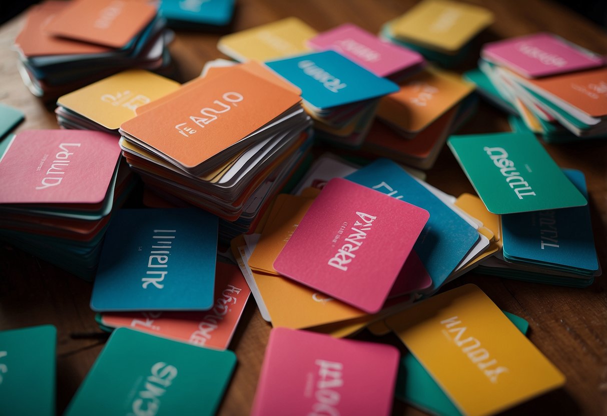A pile of colorful "Frequently Asked Questions" cards with the word "rhubarb" written on them, displayed in a Singaporean setting
