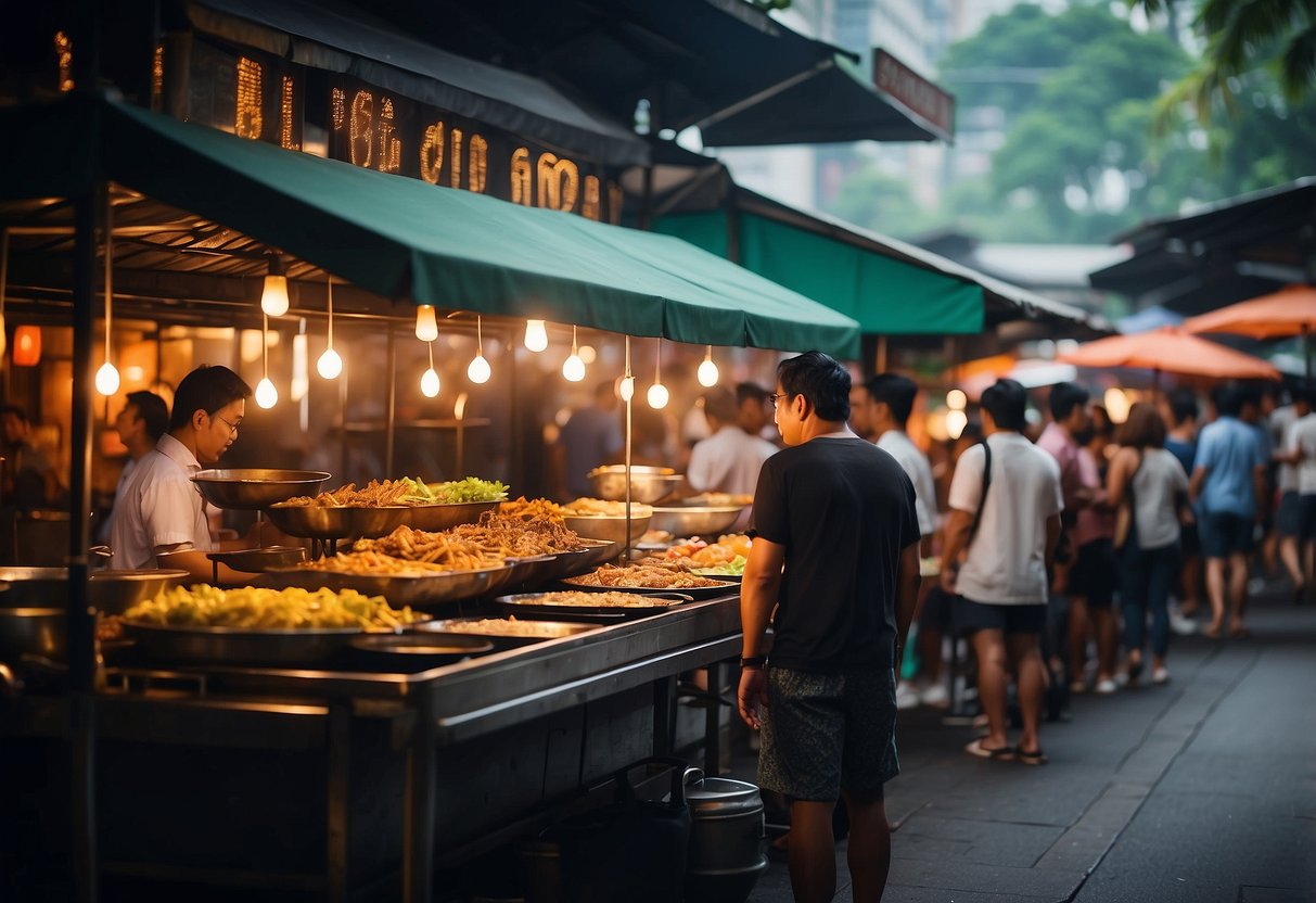 People enjoying street food at Lau Pa Sat satay street, with colorful stalls and a lively atmosphere