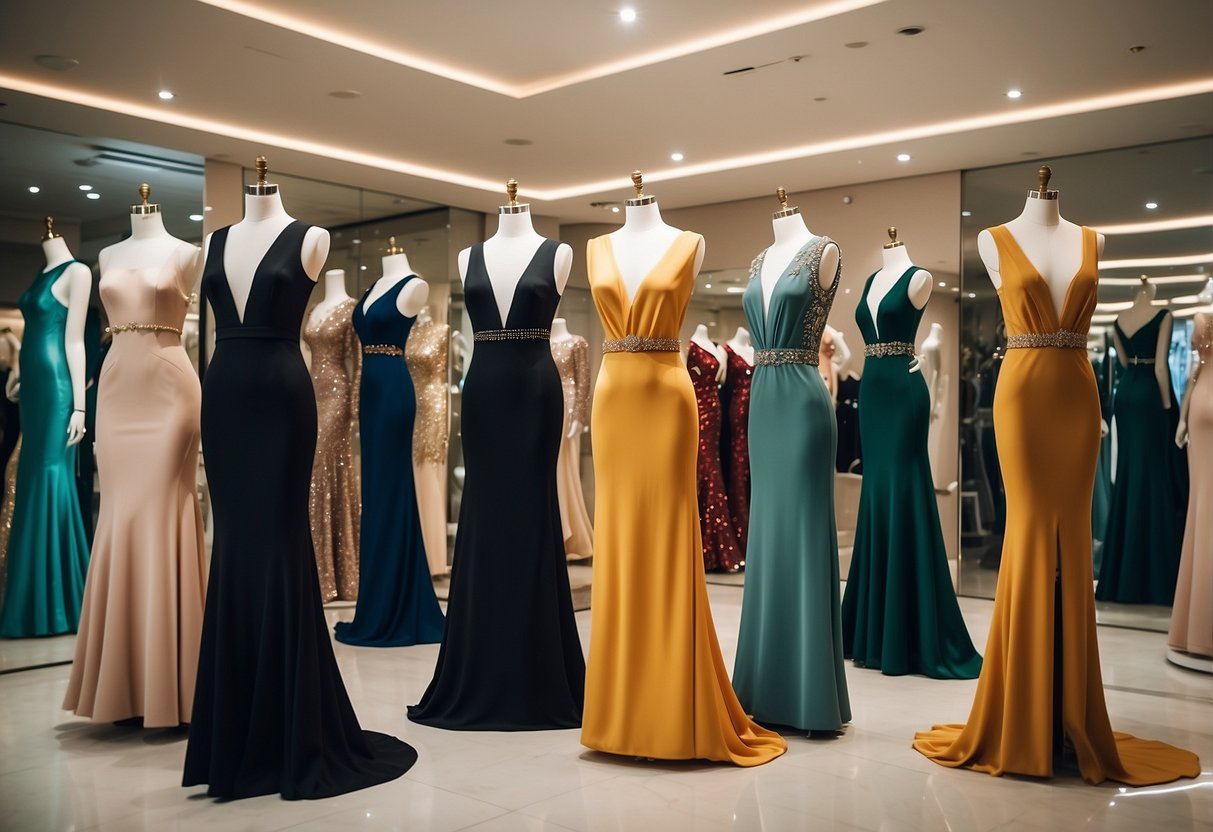 A luxurious boutique in Singapore, filled with elegant evening gowns in various colors and styles, displayed on sleek mannequins and racks