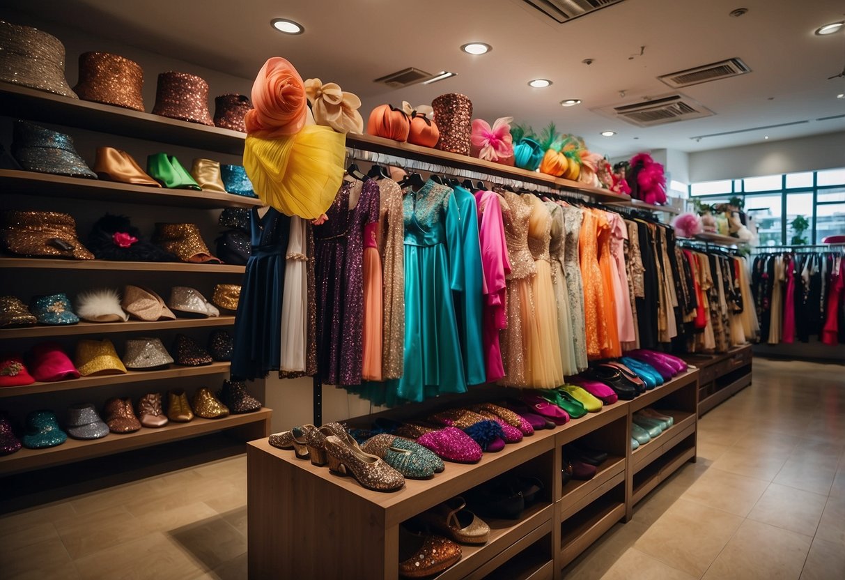 A colorful display of costumes and accessories fills the shelves of the Singapore costume shop, with signs indicating "Frequently Asked Questions" for customers