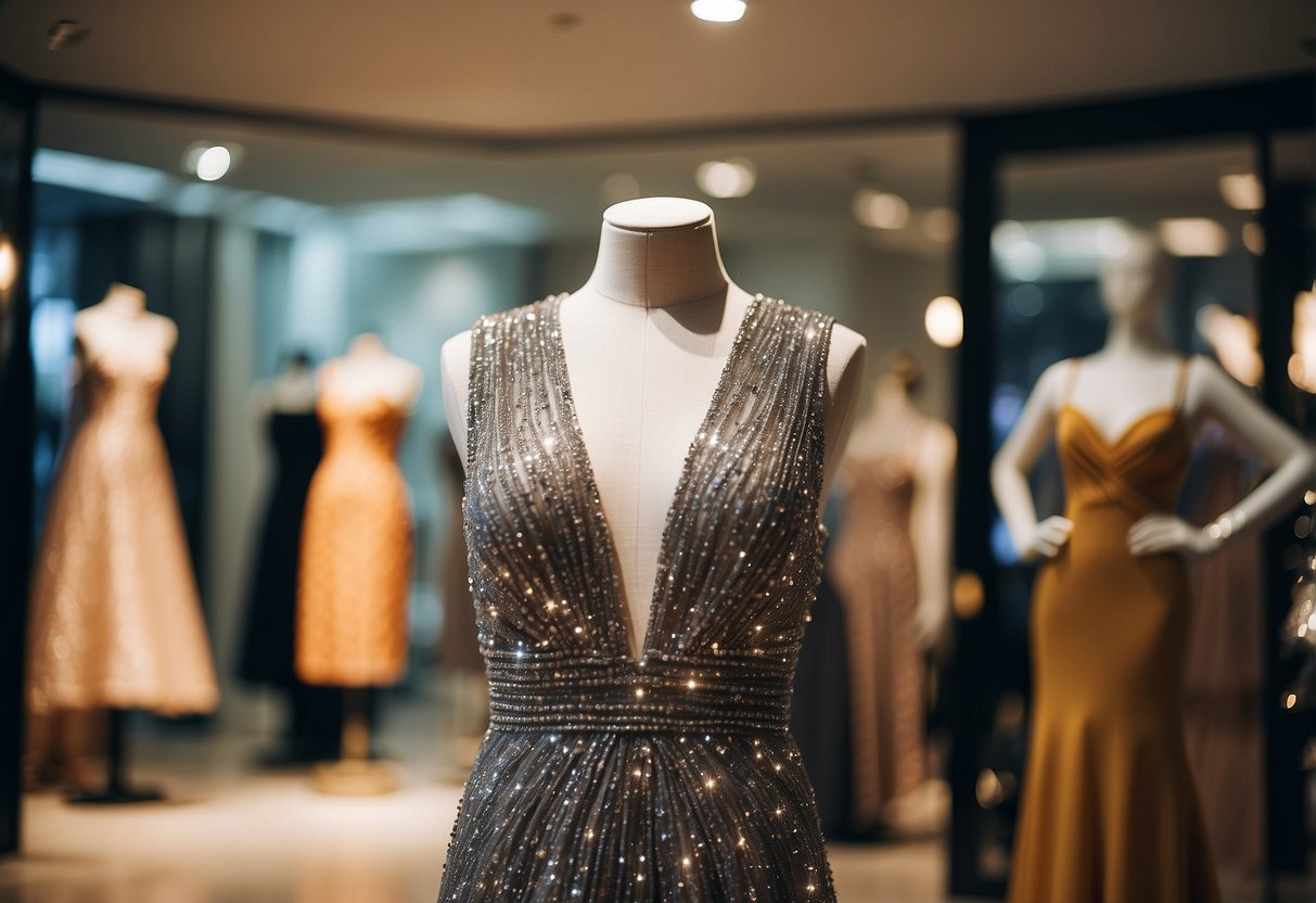A sparkling evening gown displayed on a mannequin in a chic Singapore boutique