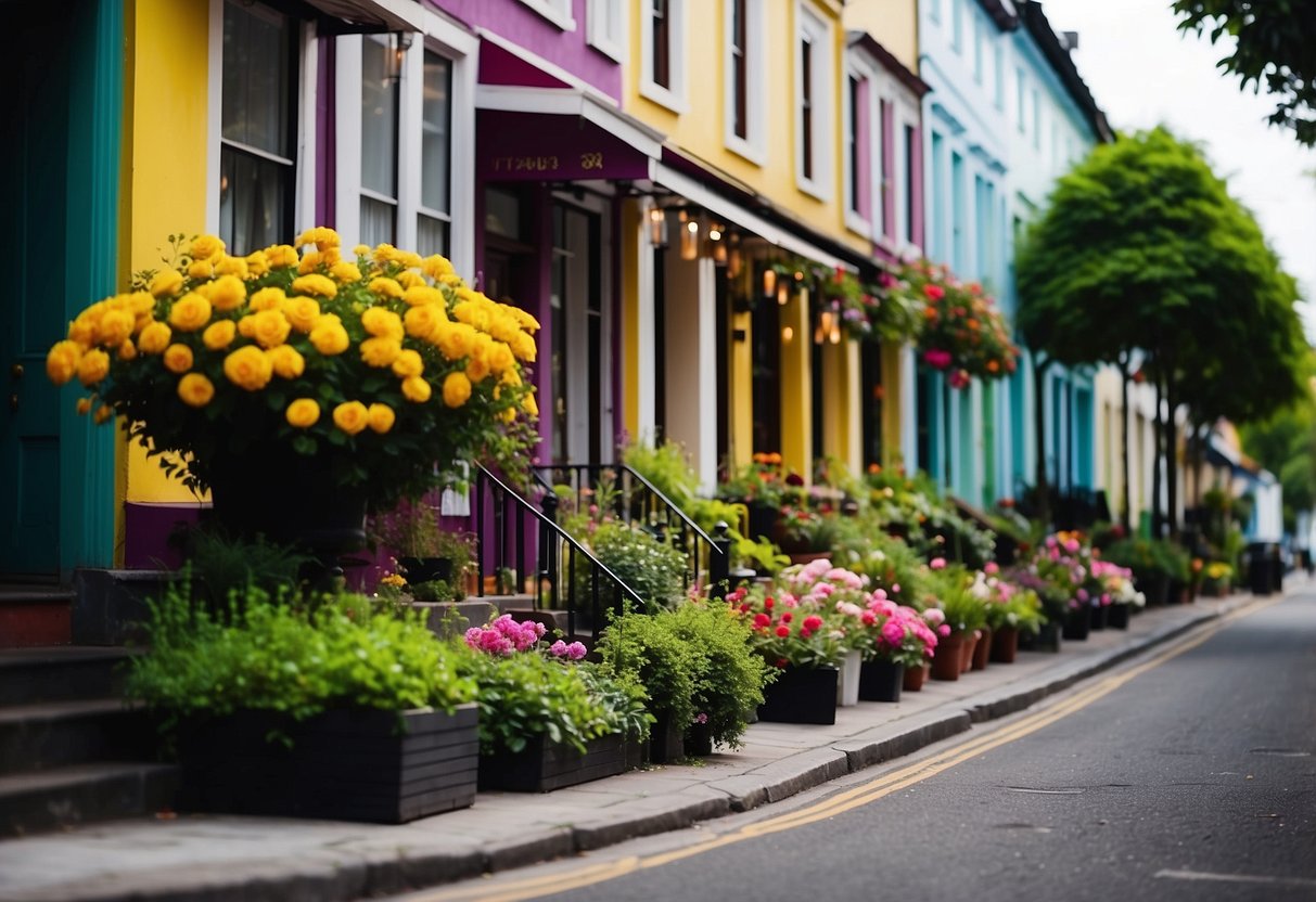 A row of colorful shophouses line Shelford Road, with lush green trees and vibrant flowers adorning the sidewalks