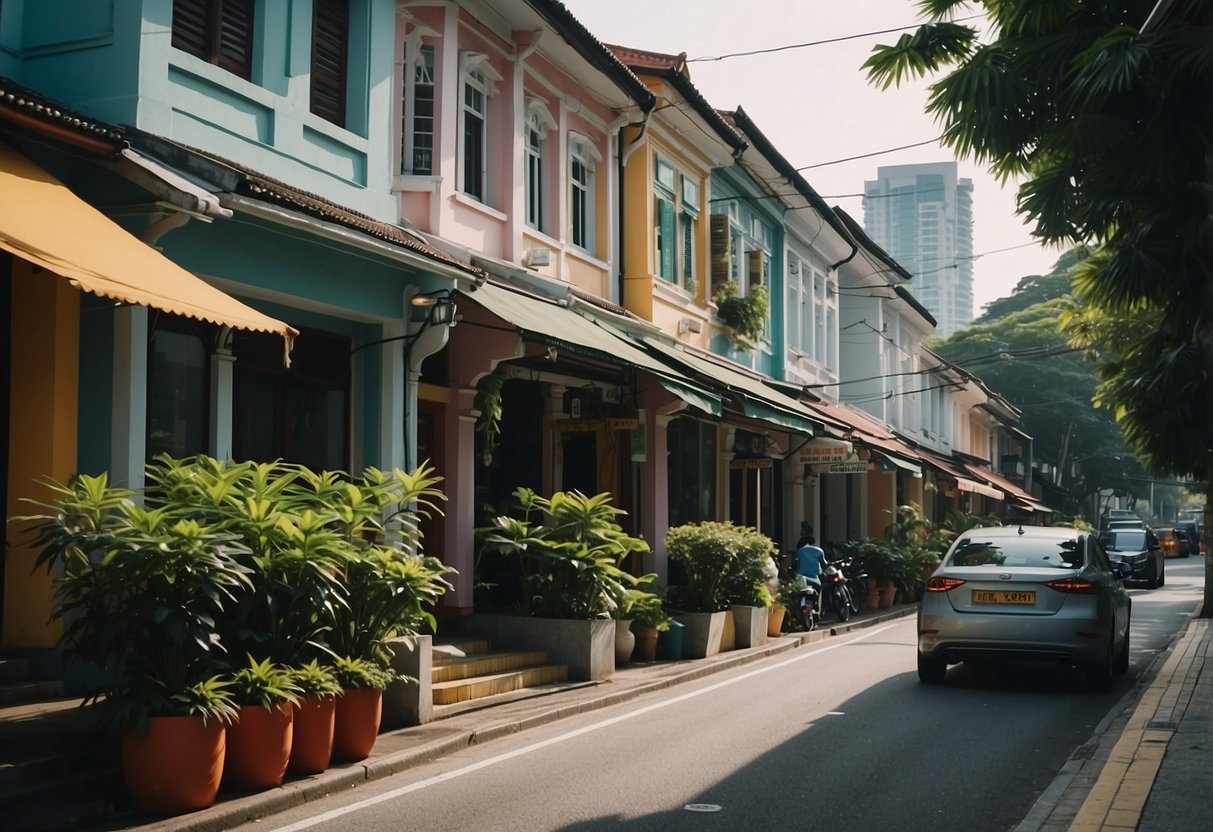 The bustling street of Shelford Road in Singapore with colorful shophouses and lush greenery lining the sidewalks