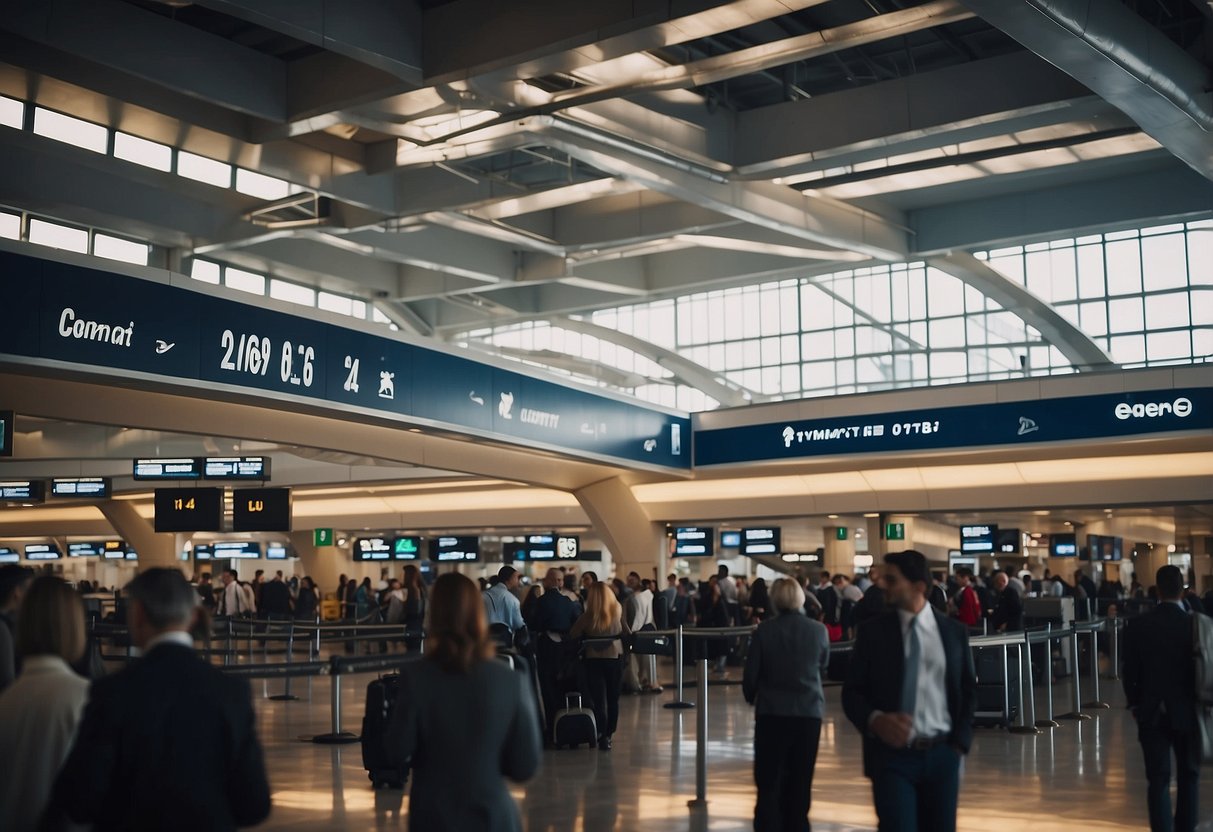 A bustling airport terminal with airplanes on the tarmac, passengers waiting in line at check-in counters, and luggage being loaded onto conveyor belts
