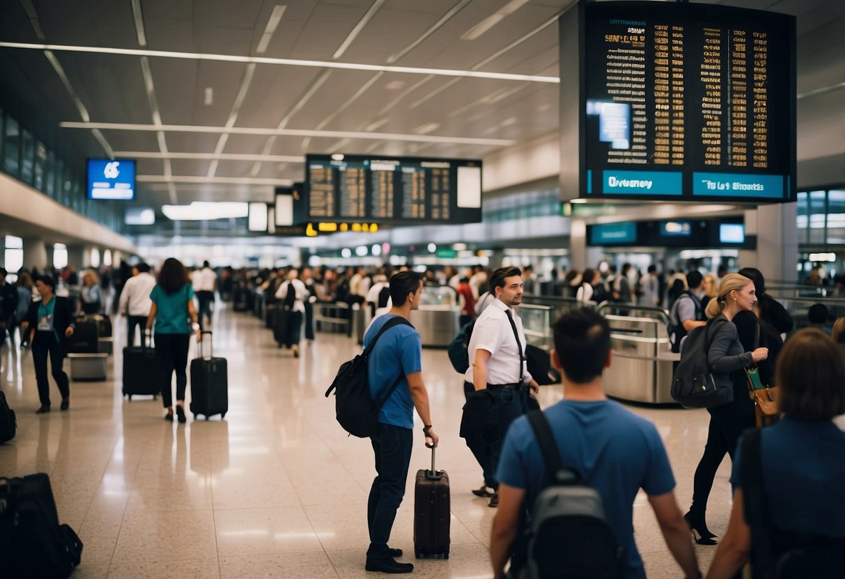 A bustling airport terminal with travelers and luggage, departure boards displaying flight information, and staff assisting passengers