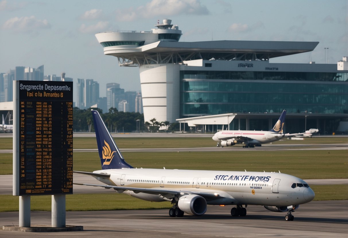 Aircraft taxiing on runway, control tower in background, departure procedures sign, and information boards at Singapore departures