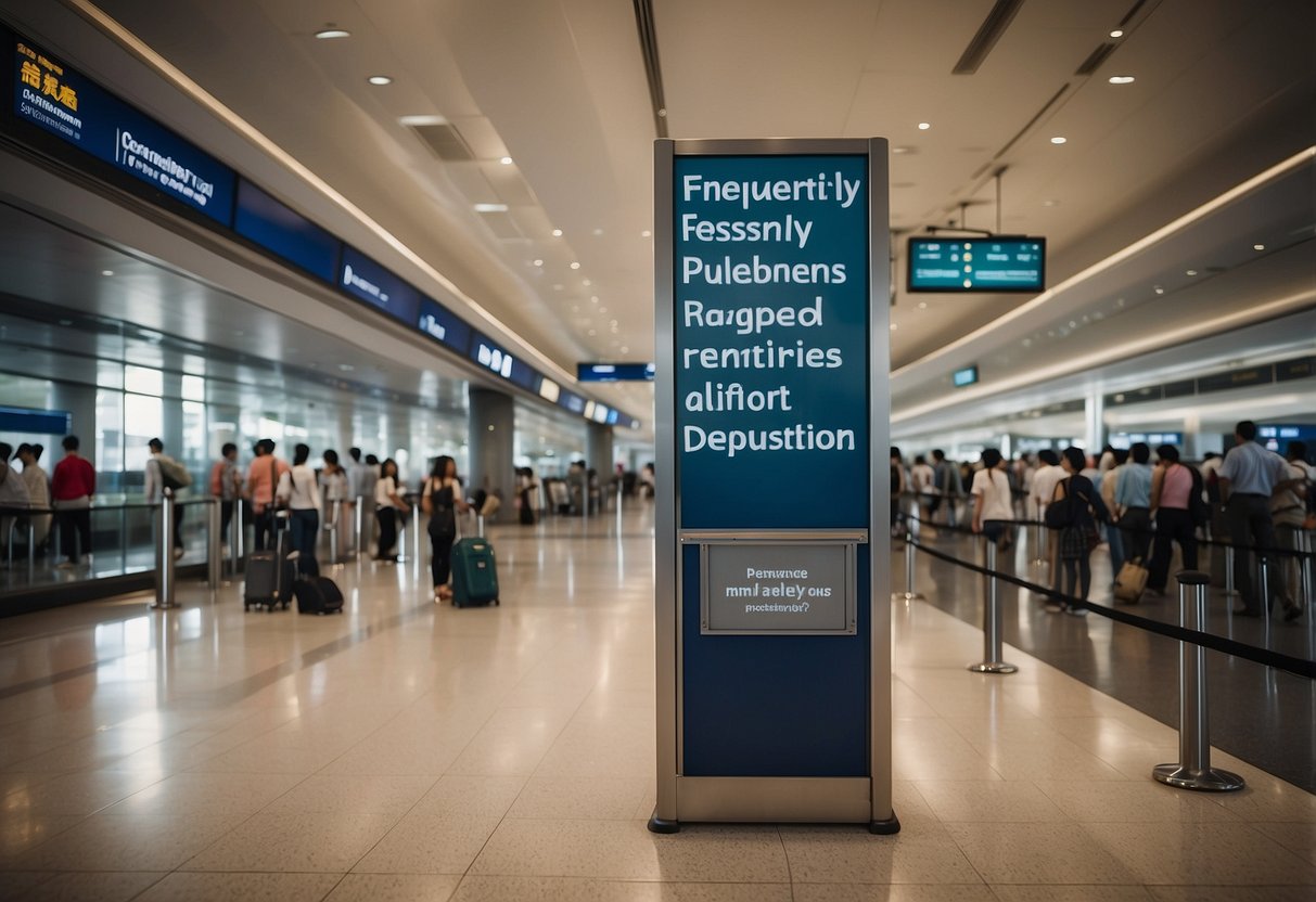 Passengers lining up at the Singapore departures counter, with a large sign above reading "Frequently Asked Questions." Baggage and airport staff visible