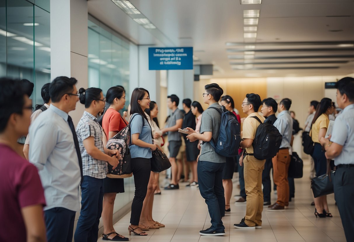 A group of people waiting in line at the Singapore immigration partners office, with signs and information desks visible