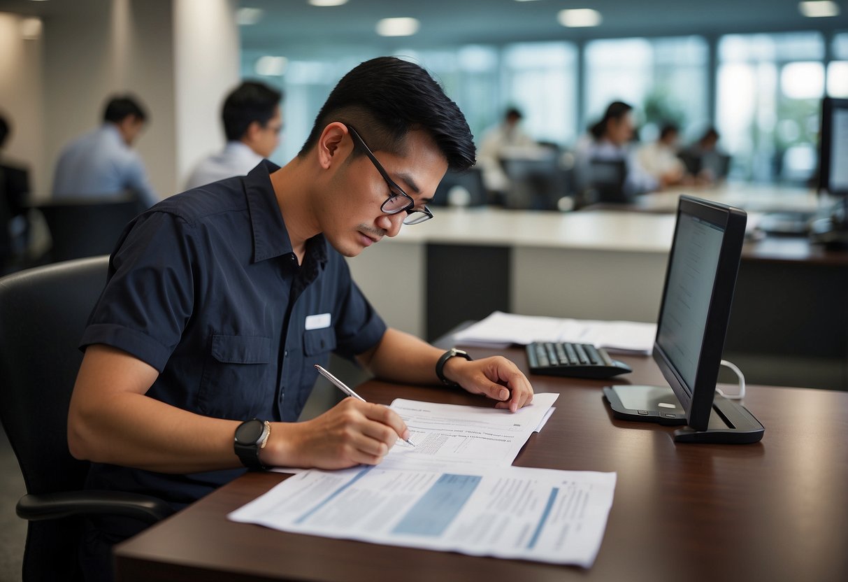 A person filling out forms at a desk with a Singapore PR Application and immigration partners' information displayed
