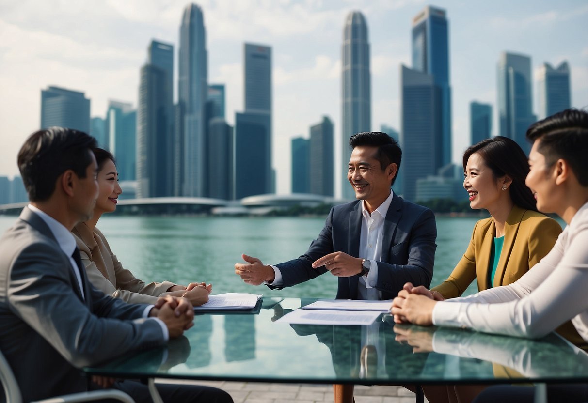 A group of people at a table, signing documents and exchanging handshakes, with a backdrop of the Singapore skyline