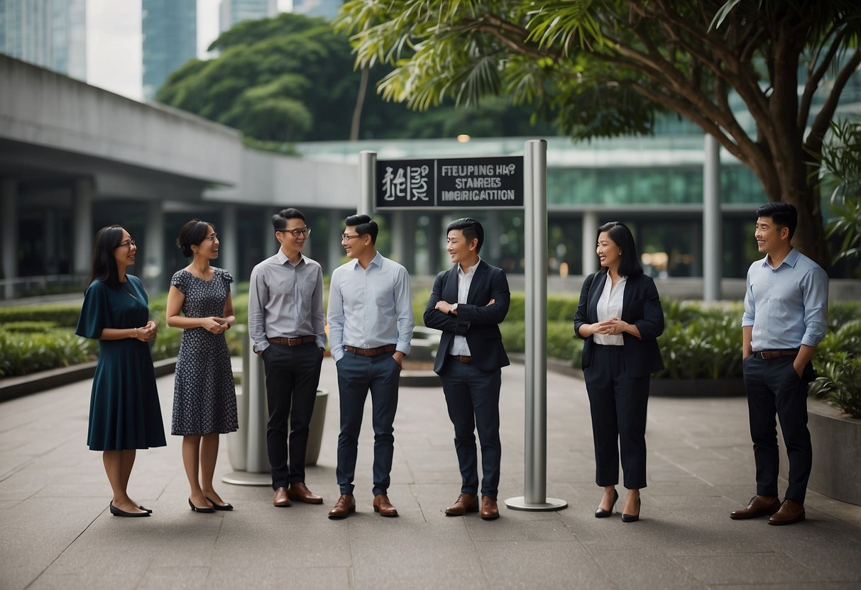 A group of people standing in front of a sign that reads "Frequently Asked Questions Singapore Immigration Partners." The sign is prominently displayed, with people gathered around it, indicating it is a central point of interest