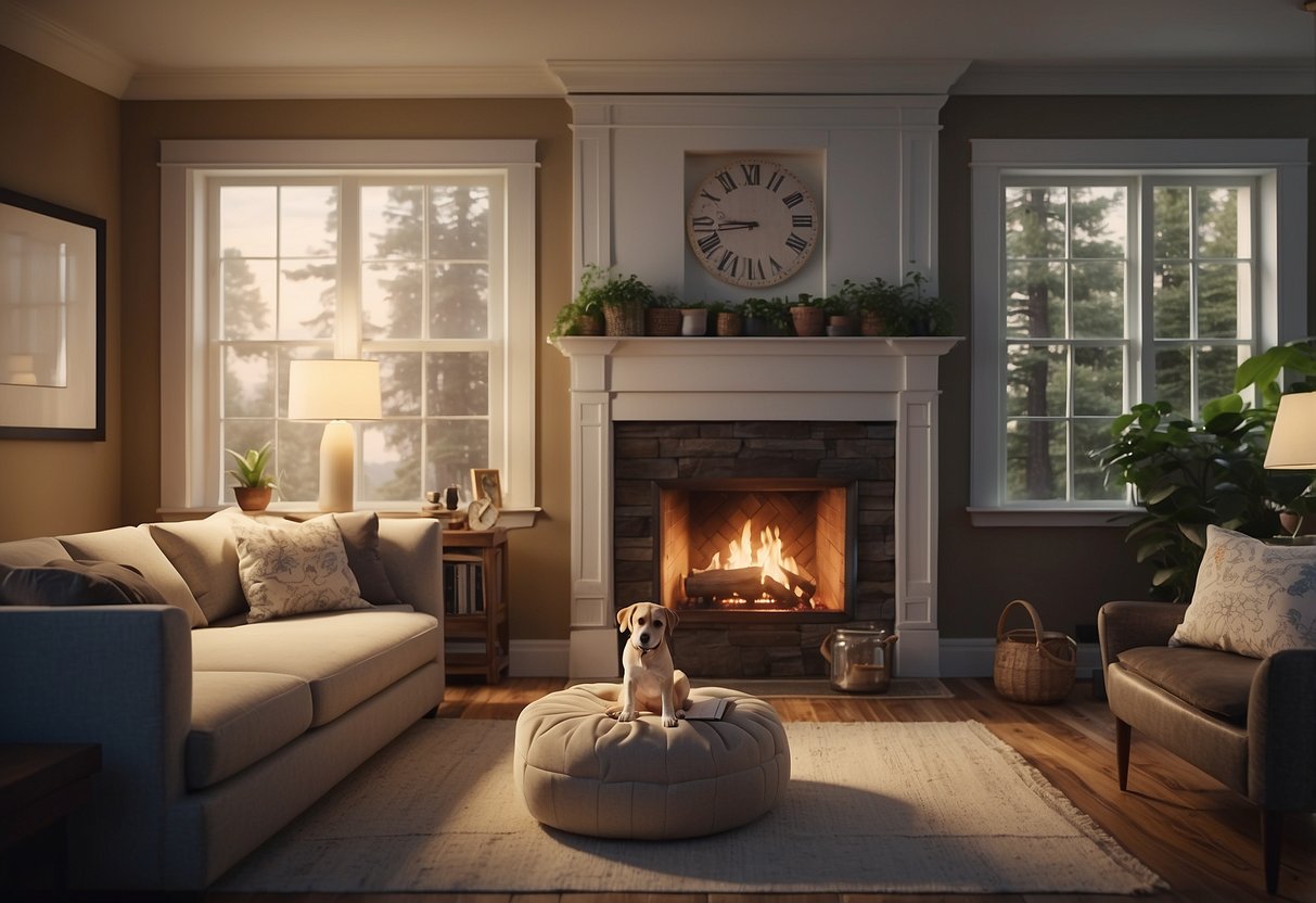 A cozy living room with a family of four, a pet dog, and a fire extinguisher on the wall. Outside, a sturdy house with a "Home Insurance" sign displayed prominently