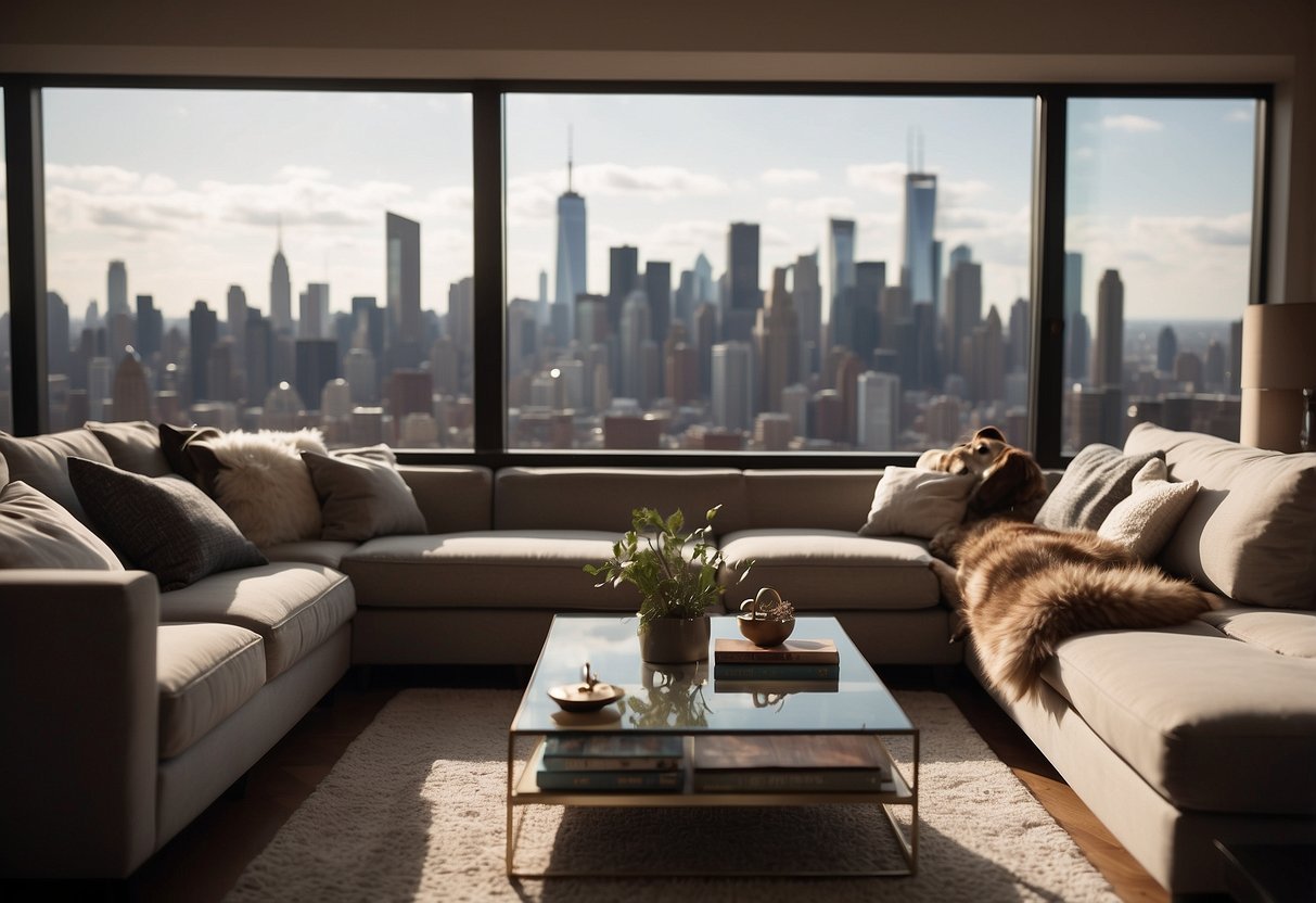 A cozy living room with a sofa, coffee table, and a large window overlooking a city skyline. A family pet rests on the floor, and a shelf displays family photos and decorative items