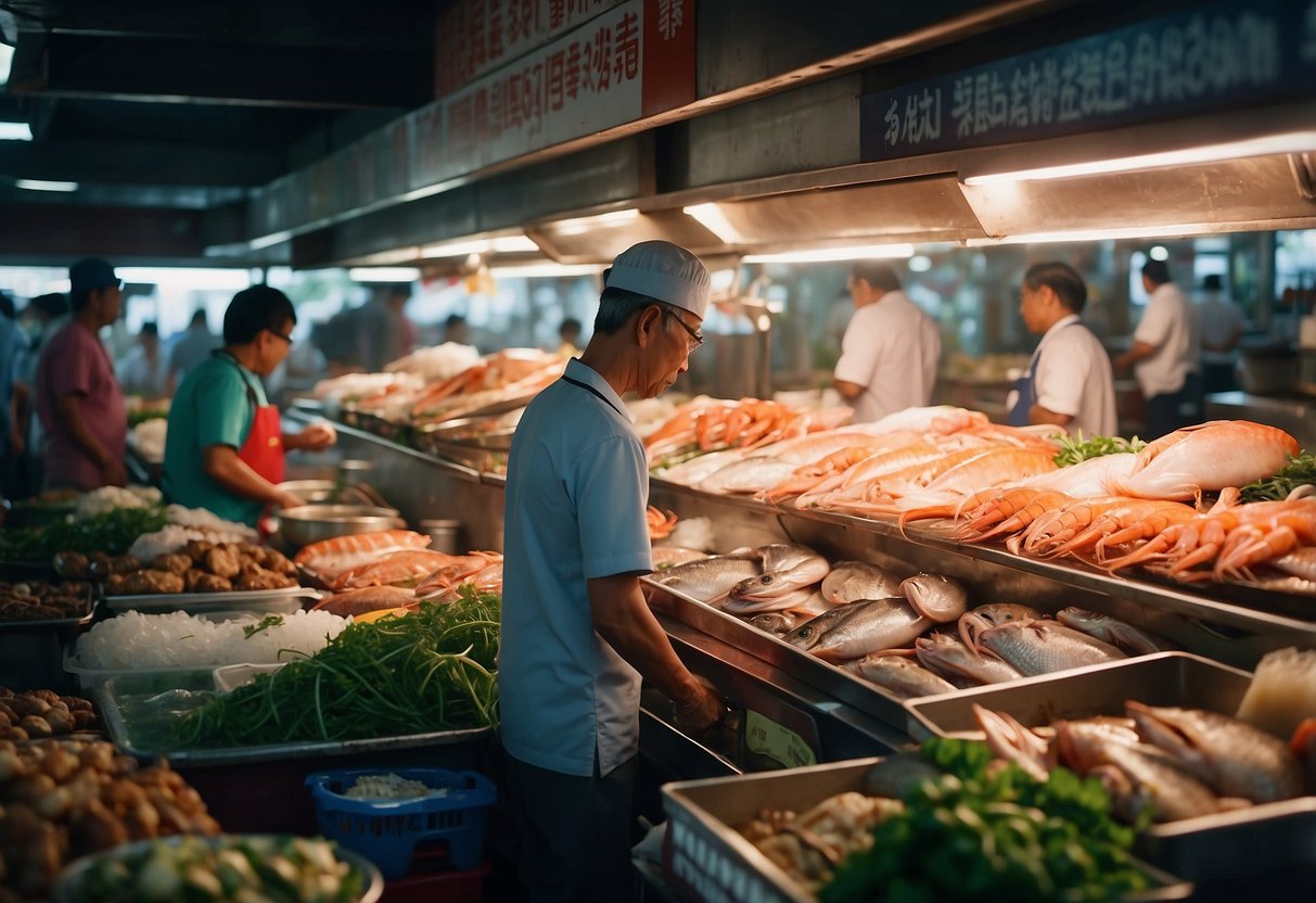 A bustling Singapore seafood market with colorful displays of fresh, halal-certified seafood, including fish, prawns, and crabs. The vendors are busy attending to customers, while the aroma of spices and herbs fills the air