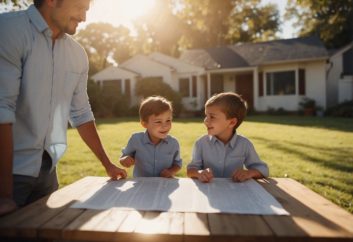 A family stands outside their house, comparing different home insurance plans on a table. The sun is shining, and a friendly insurance agent is pointing to the different options