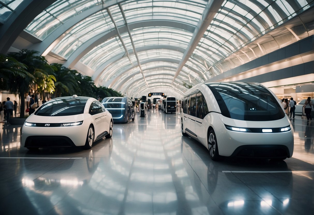 The scene depicts a futuristic transport hub with self-driving vehicles and high-speed trains at the Singapore Mobility Gallery