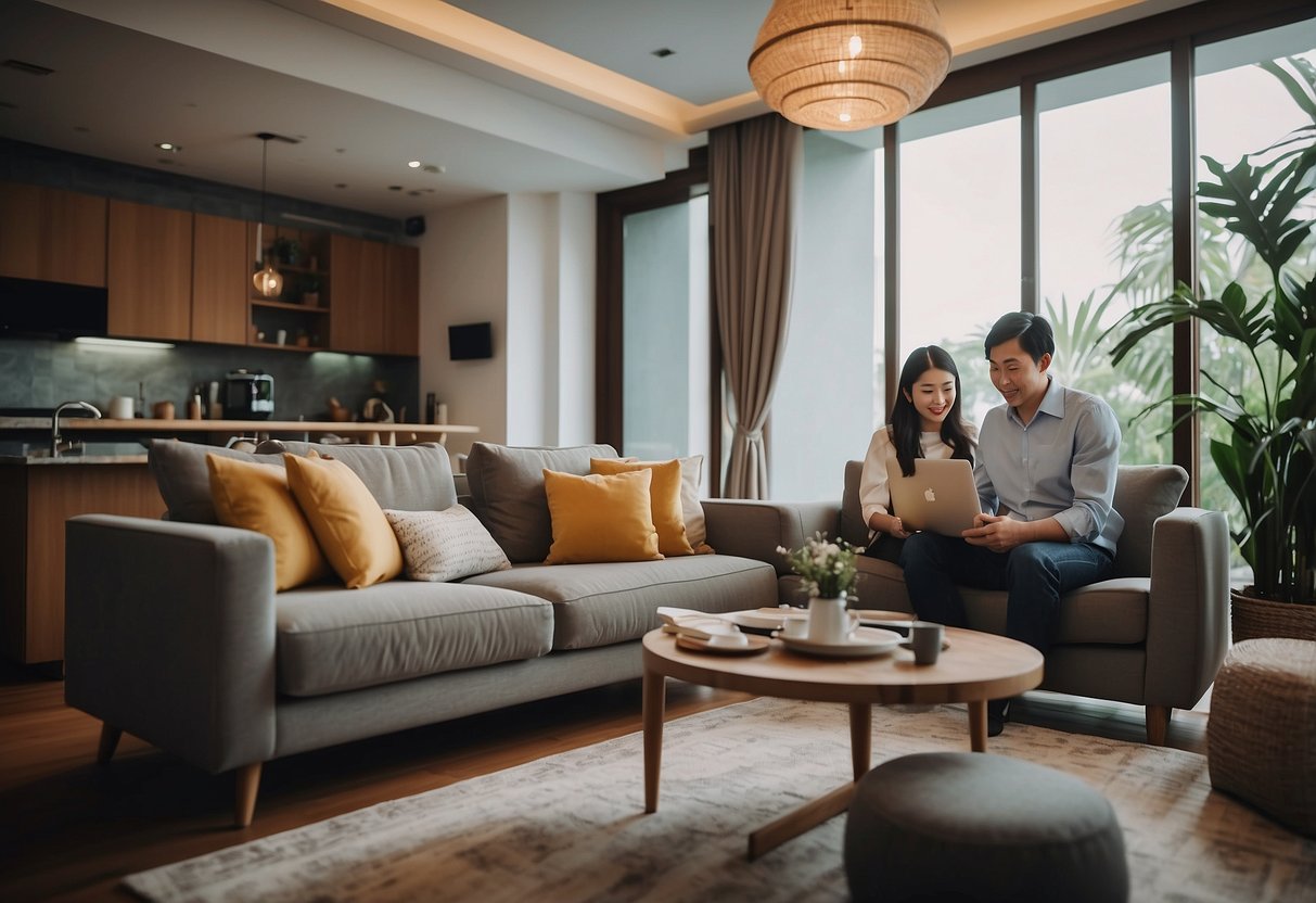 A cozy living room with a family gathered around a table, discussing home insurance options in Singapore. A laptop and brochures are spread out on the table