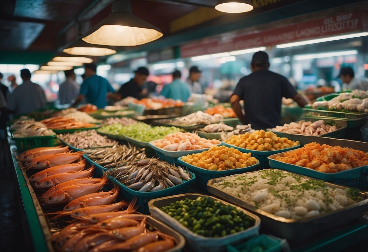 A bustling seafood market with colorful displays of fresh fish, crabs, and prawns. Customers eagerly select their favorites while vendors call out their latest catches