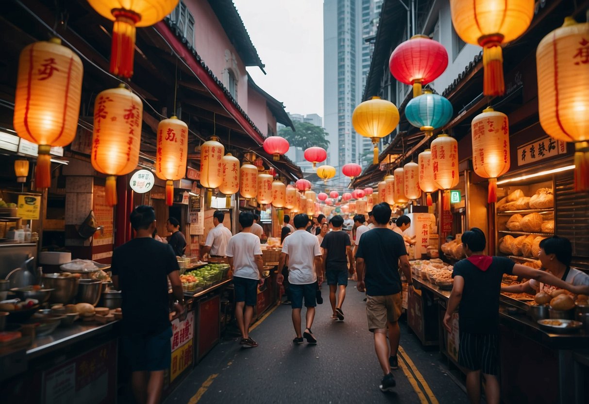 The bustling streets of Singapore's Chinatown, with colorful lanterns hanging overhead and the aroma of street food filling the air