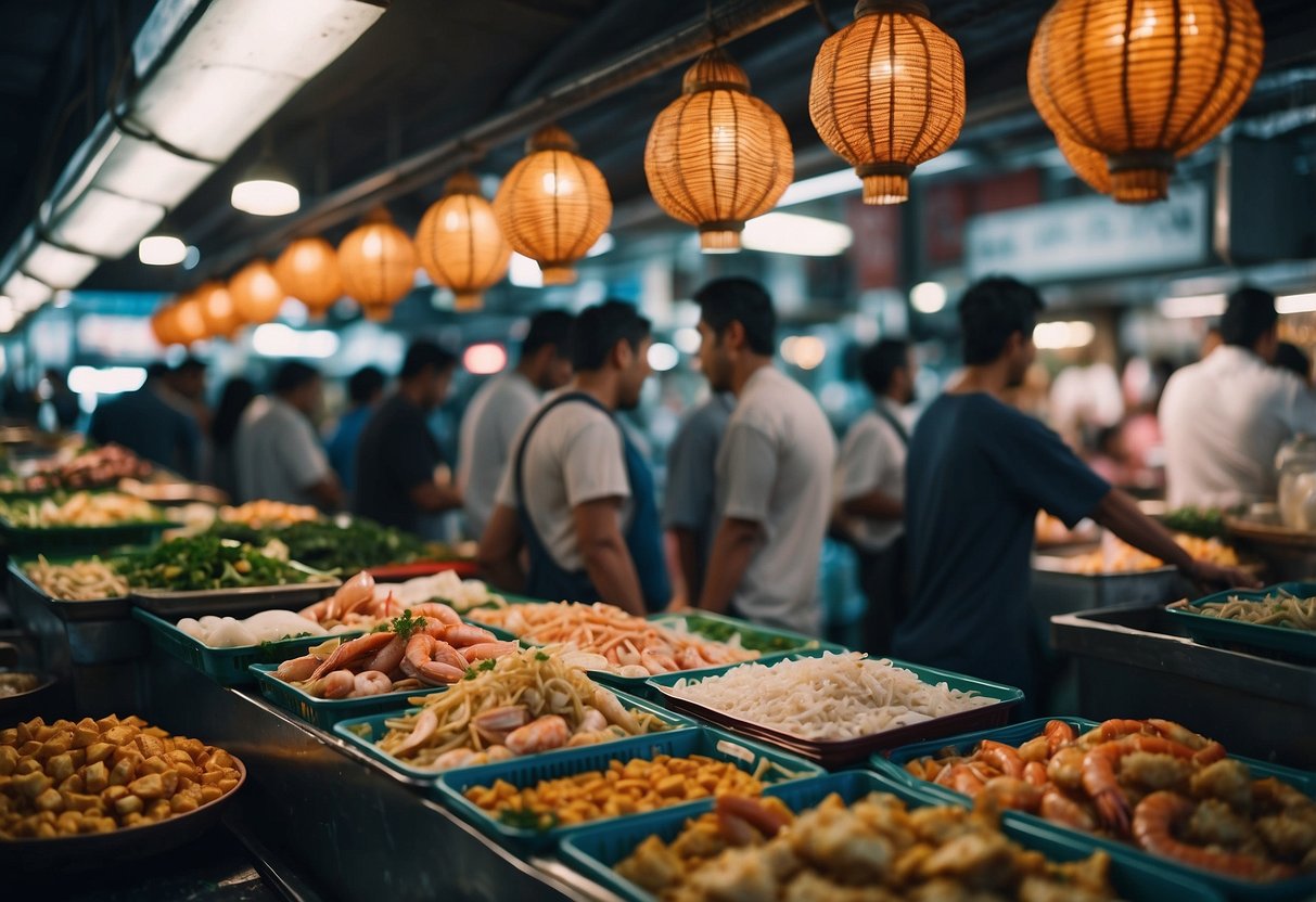 A bustling seafood market with customers asking about halal options