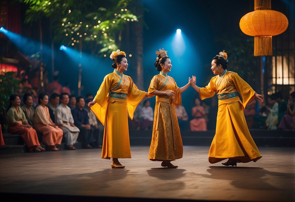 The stage is set with vibrant lights and a backdrop of a bustling Saigon street. The actors are in traditional Vietnamese costumes, capturing the essence of the setting