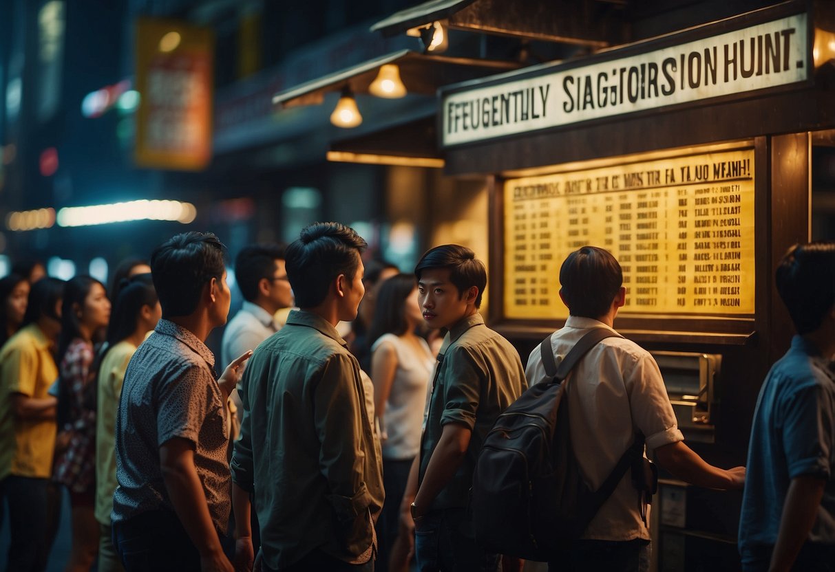 People lining up at a ticket booth, a sign reading "Frequently Asked Questions Miss Saigon Singapore" in the background