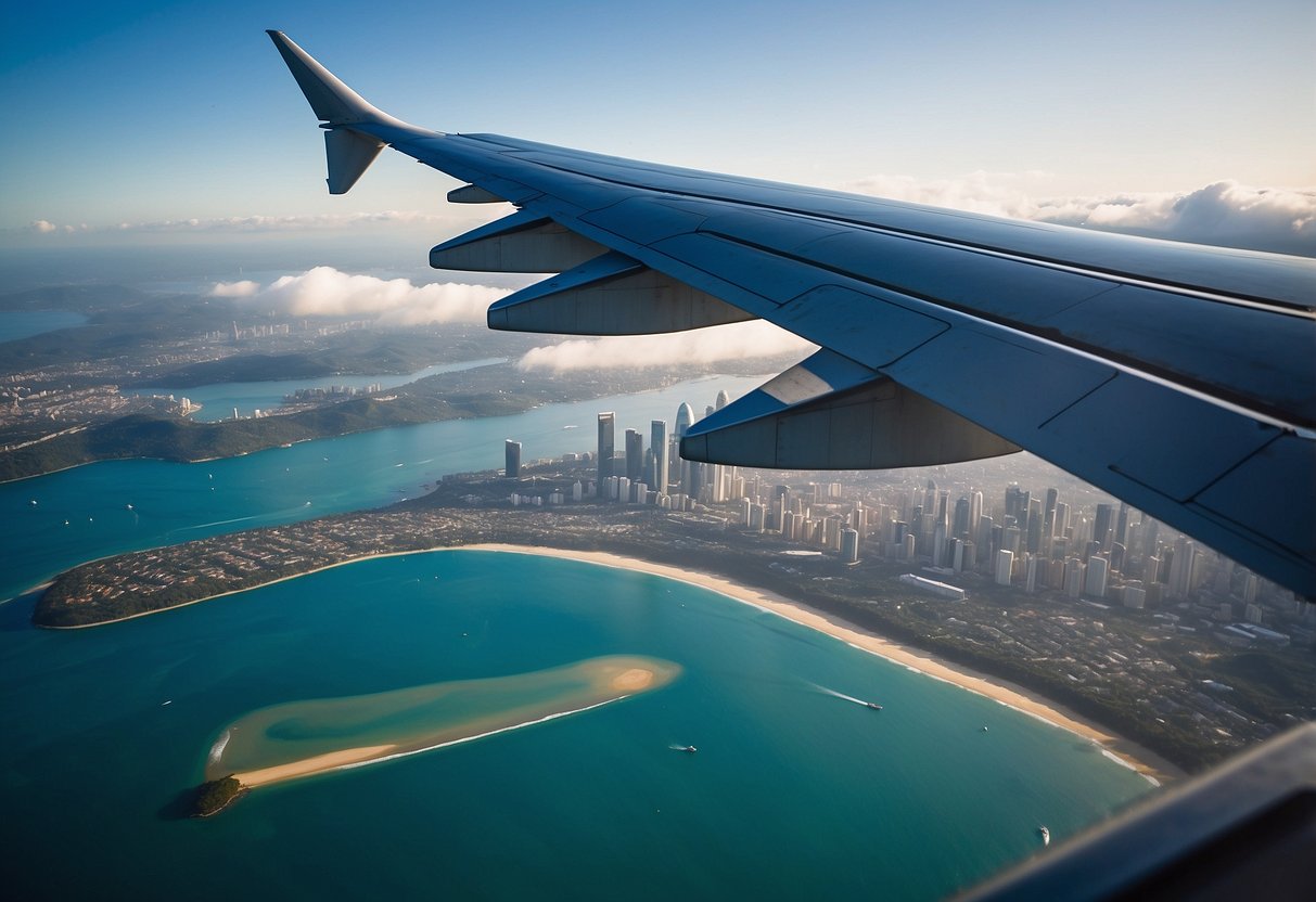 A plane flying over the sparkling blue waters of the Pacific Ocean, with the cityscape of Singapore fading into the distance and the skyline of Brisbane coming into view
