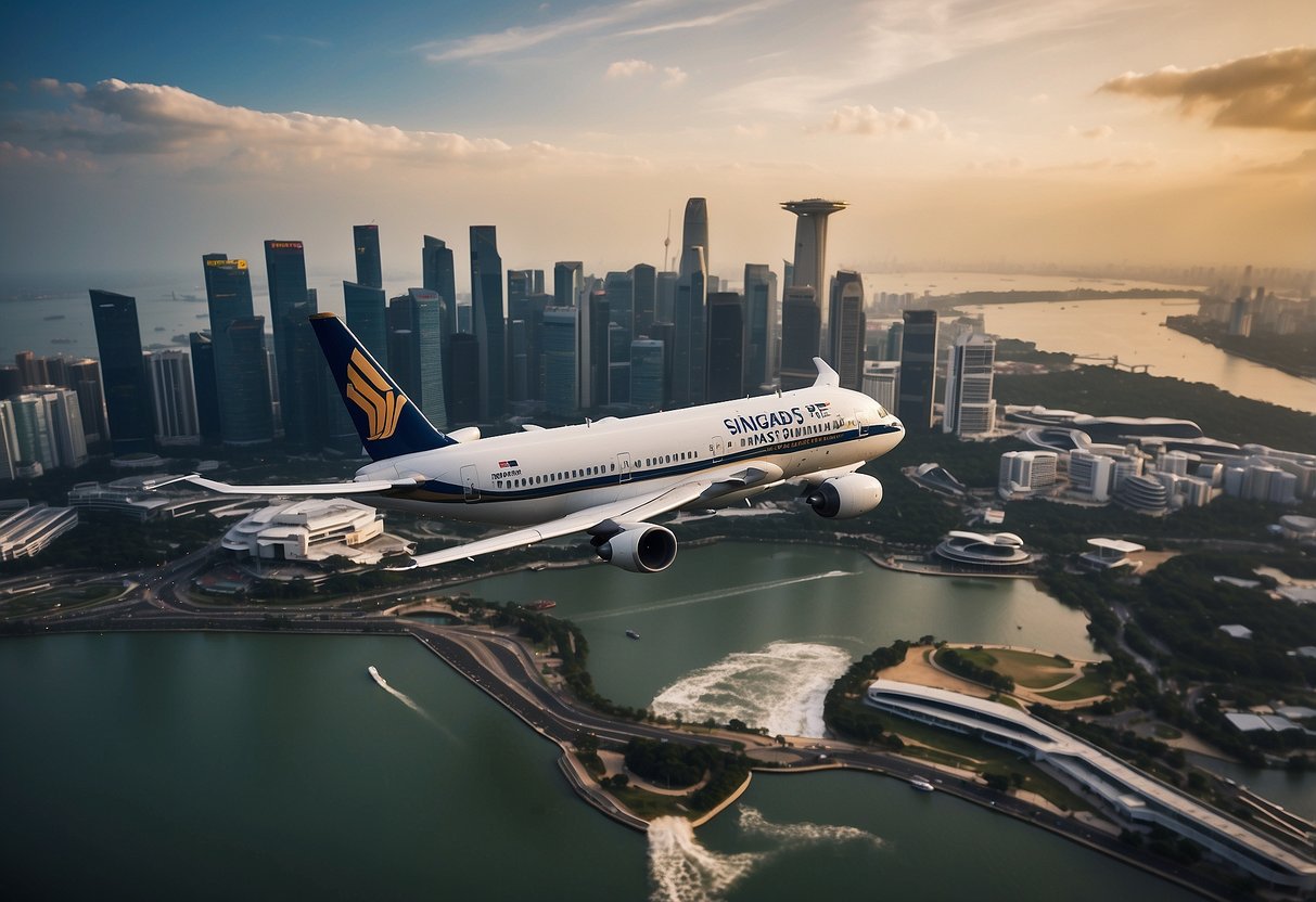 A plane takes off from Singapore, soaring over the city's skyline before heading towards the vast expanse of the ocean on its way to Brisbane