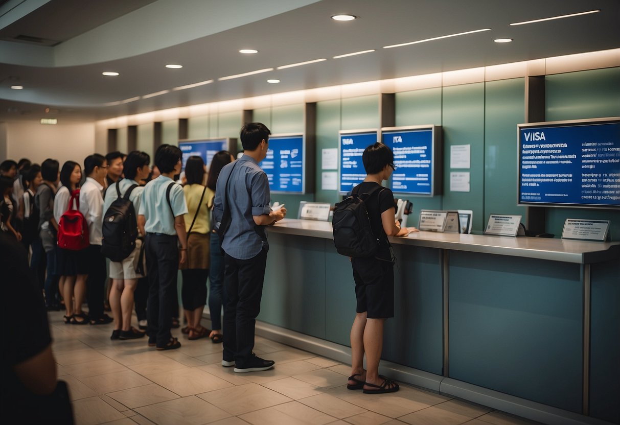 A person submitting documents at a Singapore visa extension office, with a queue of people waiting and a sign displaying visa extension information