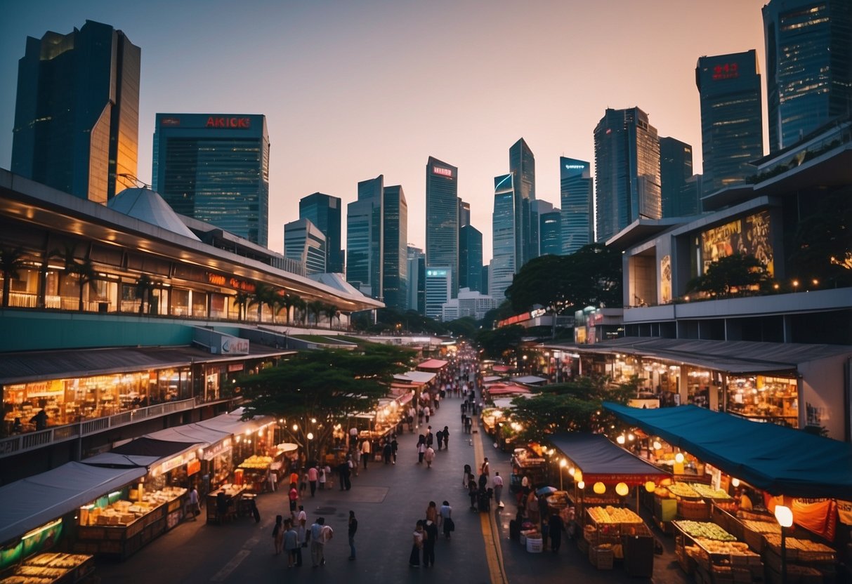 A bustling street in Singapore, with colorful shop houses, bustling markets, and vibrant street food stalls, all set against a backdrop of modern skyscrapers