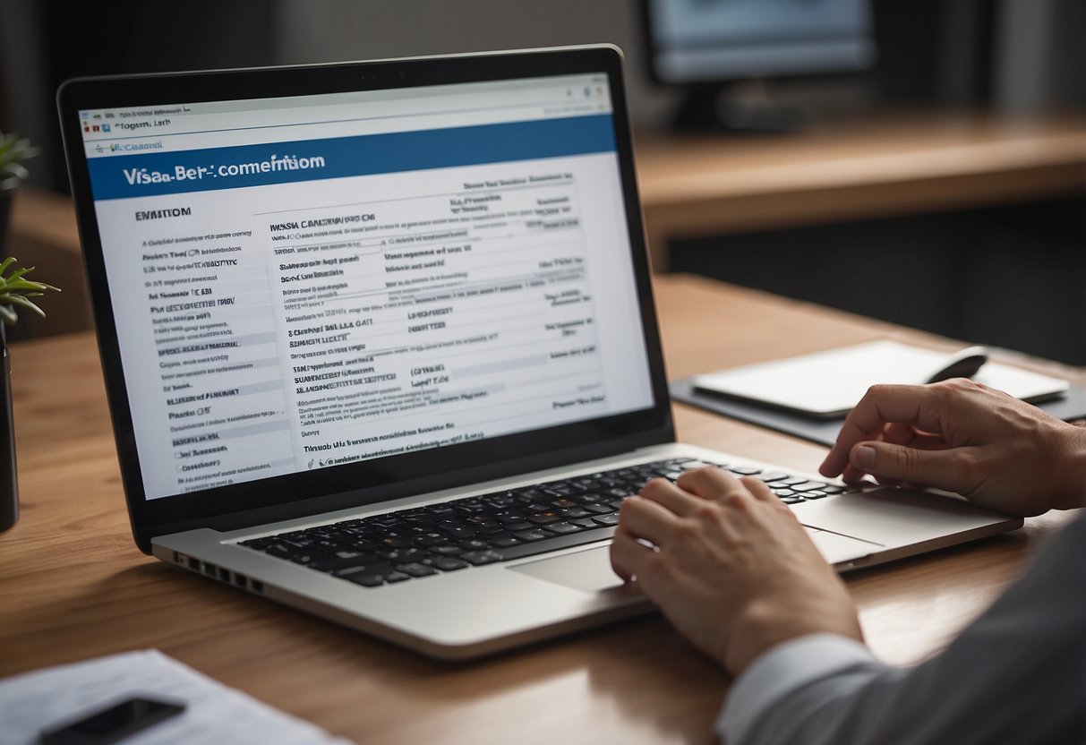 A person at a desk, filling out a visa extension form with a pen, while looking at a list of frequently asked questions on a computer screen