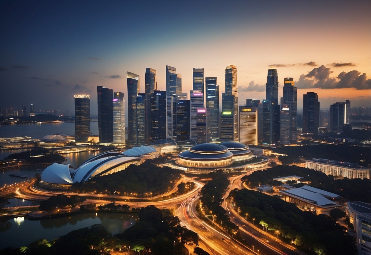 A bustling Singapore cityscape with iconic landmarks and vibrant streets, featuring a prominent display of Ozempic branding on a prominent building or billboard