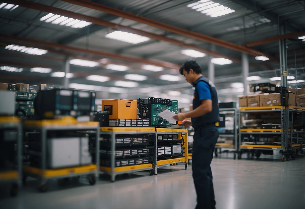 A bustling warehouse with shelves of electronic components, workers moving about, and a logo for RS Components Singapore displayed prominently