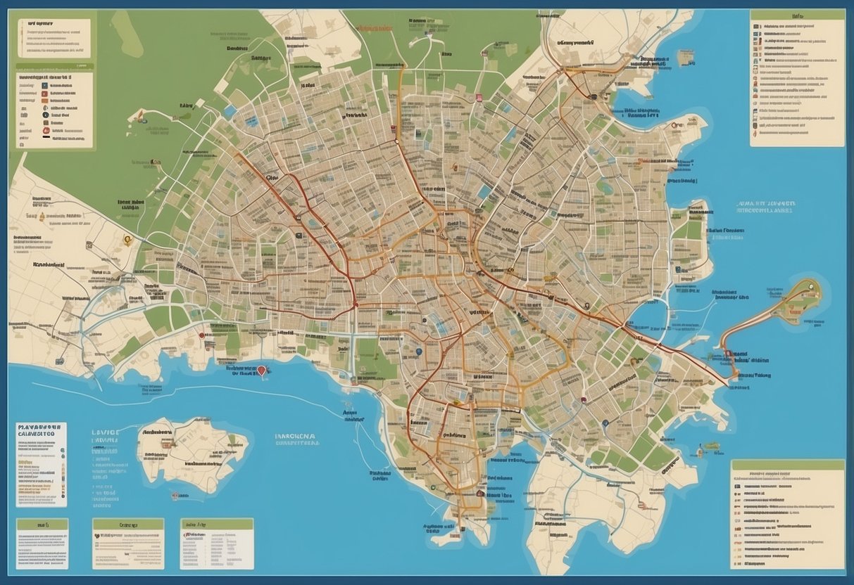 A map of Singapore with prominent landmarks and public transportation routes. Text detailing practical information for users