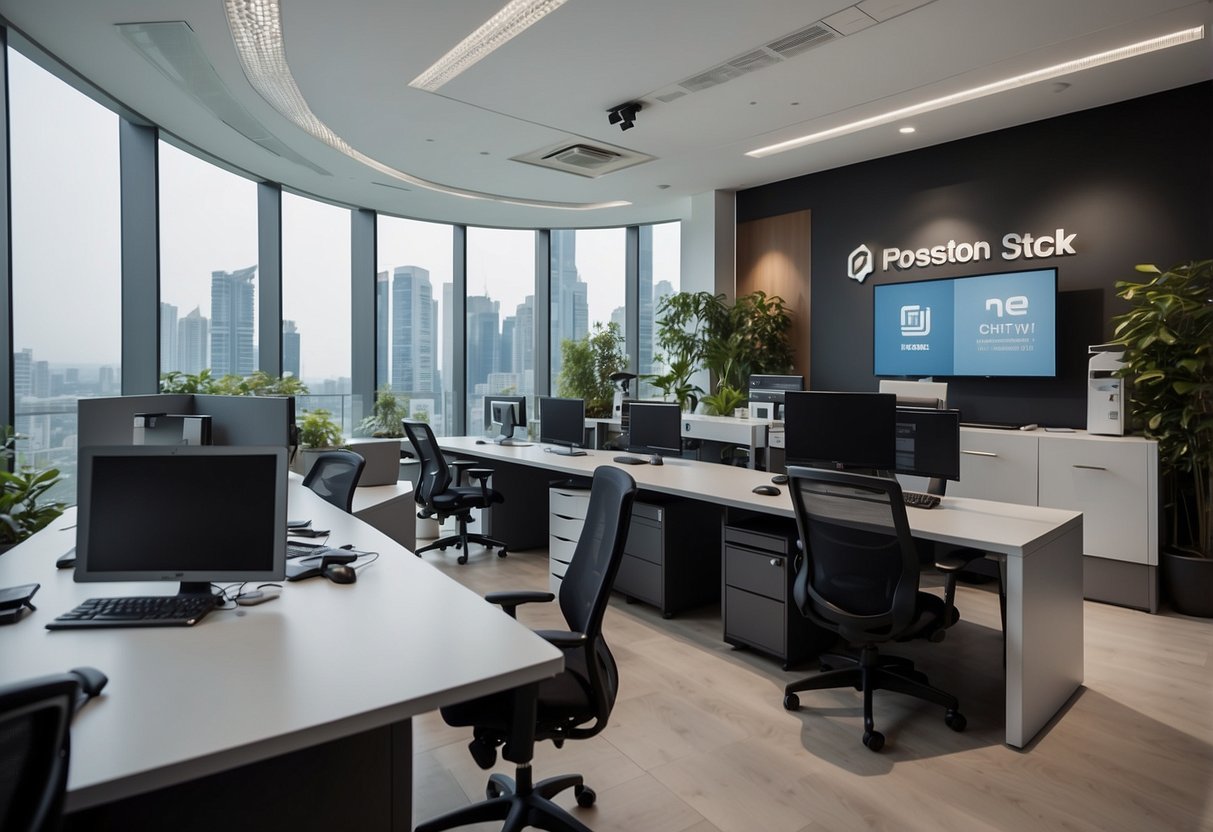 RS Components Singapore: modern office with tech equipment, logo displayed, bustling with staff, high ceilings and large windows for natural light