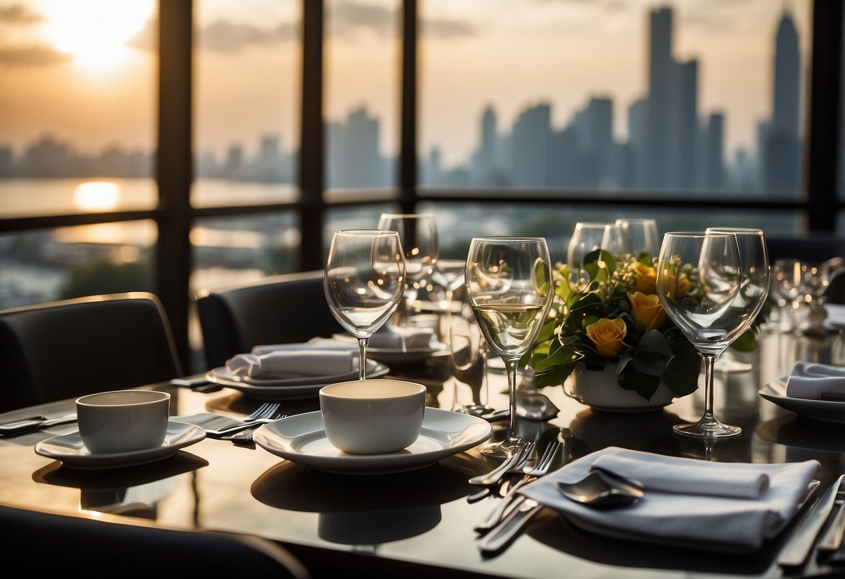 A table set with elegant dinnerware at Prego Singapore, with a view of the bustling restaurant and the vibrant atmosphere