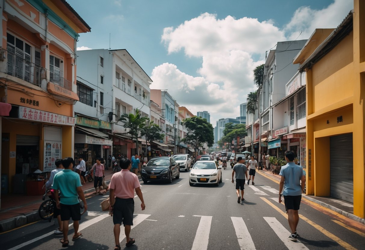A bustling street in Serangoon, with colorful shophouses, bustling markets, and vibrant street art. Pedestrians and cyclists navigate the lively scene