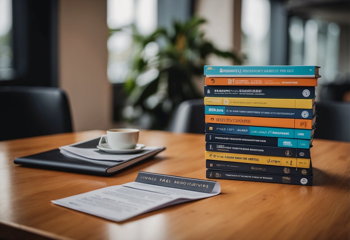 A table with a stack of brochures, a laptop, and a sign reading "Frequently Asked Questions prego singapore."