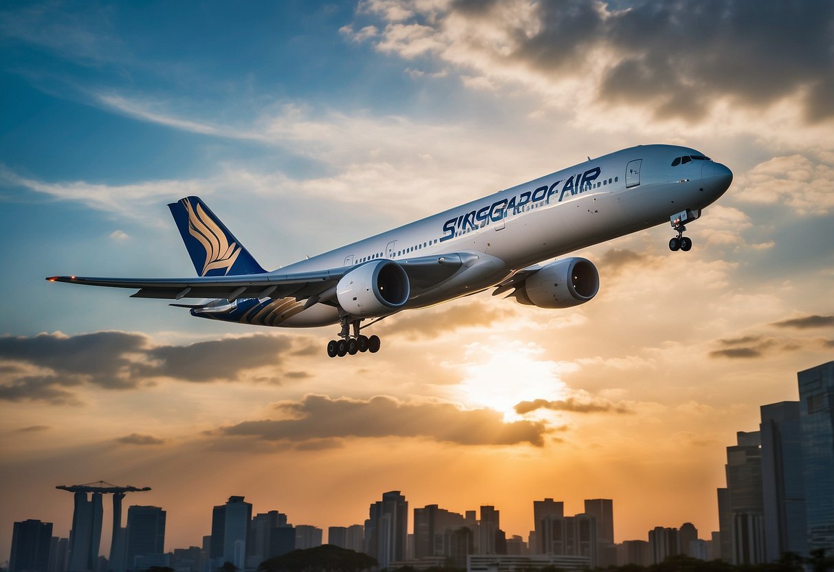 The Singapore Air KrisFlyer logo shines brightly against a backdrop of a vibrant blue sky, with a sleek and modern aircraft soaring gracefully across the horizon