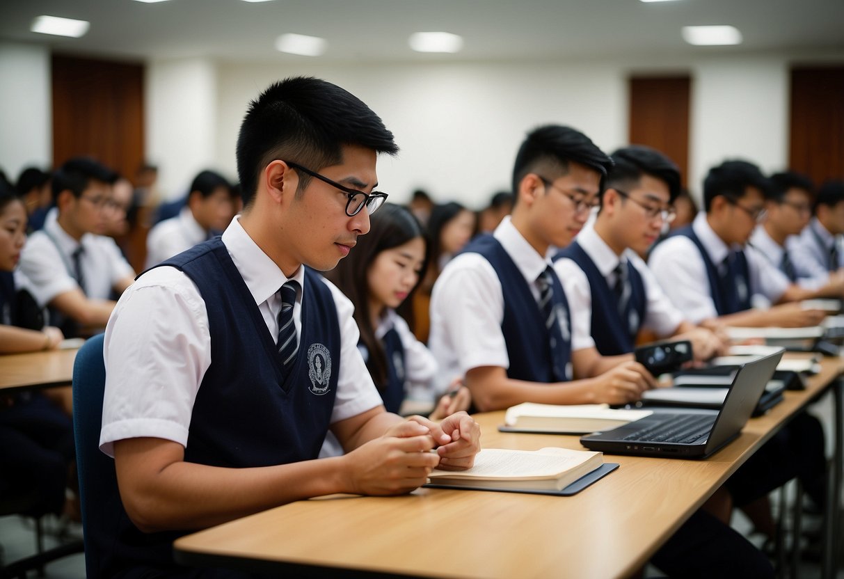 Students engage in academic lectures and training at Singapore Bible College, surrounded by books, computers, and educational materials