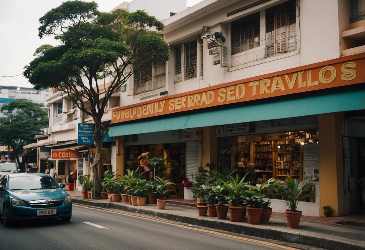 A bustling travel agency with a sign reading "Frequently Asked Questions Serangoon Travels Singapore" in a vibrant neighborhood