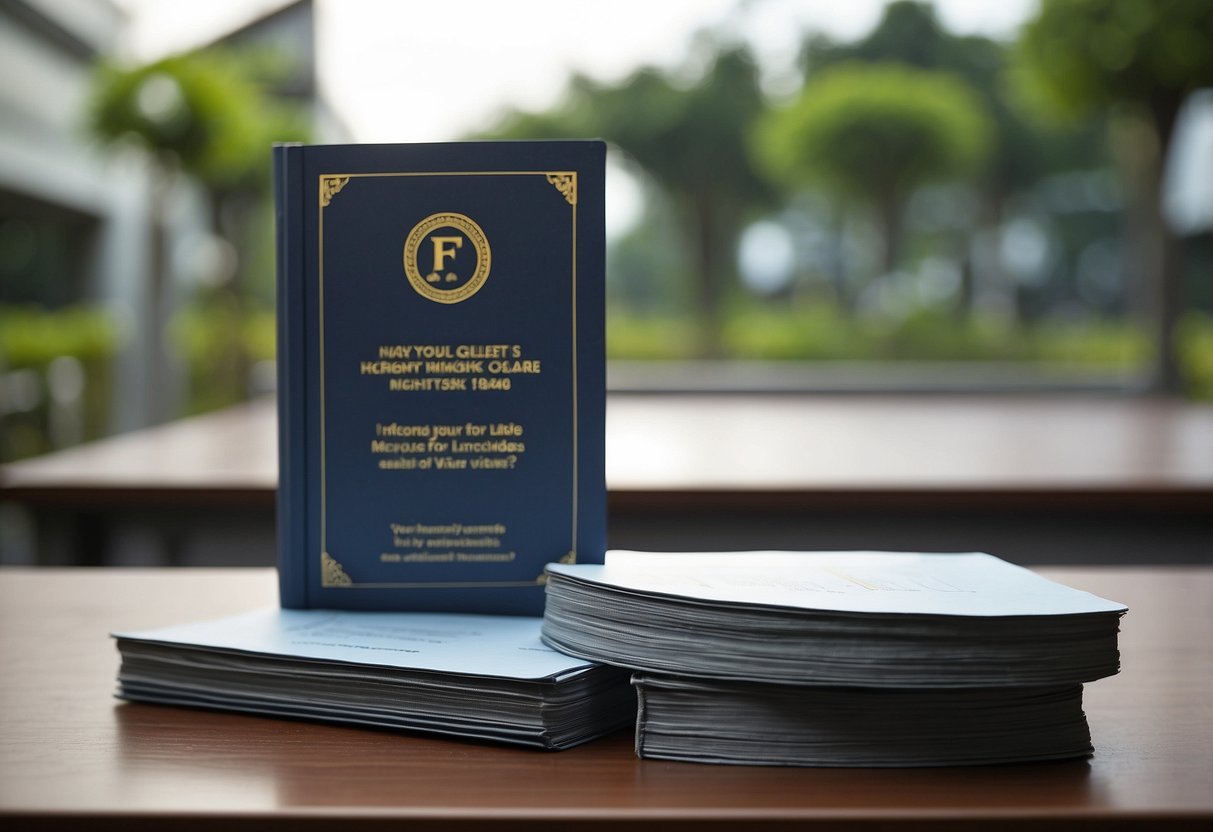 A stack of FAQ pamphlets on a table at Singapore Bible College, with a sign indicating their availability for students and visitors