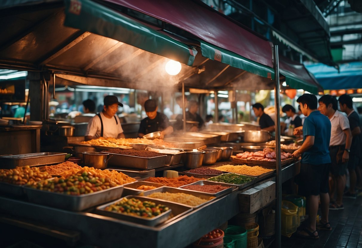 A bustling Singapore food market with colorful stalls selling various dishes and delicacies, surrounded by the aromas of sizzling meats and spices