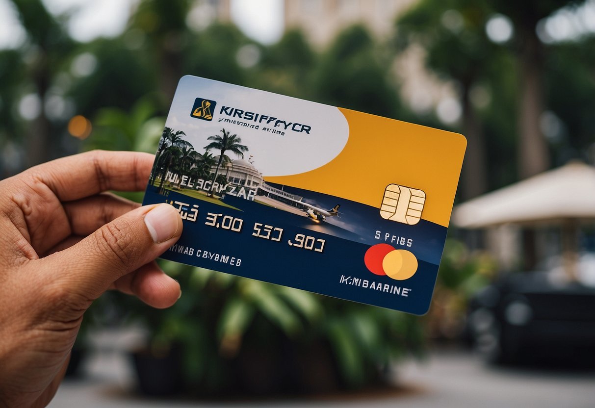 A hand holding a KrisFlyer membership card with a Singapore Airlines plane in the background, surrounded by various travel destinations and landmarks