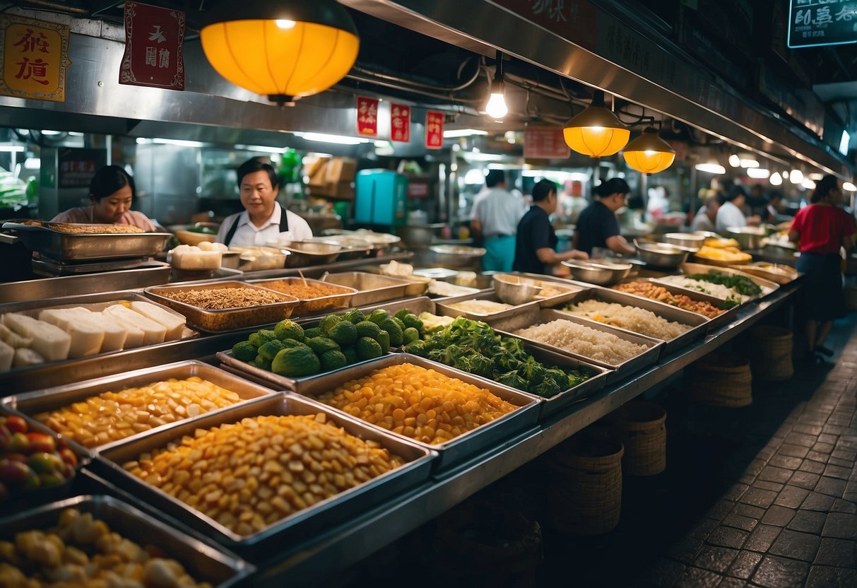 A bustling food market in Singapore showcases a wide array of dishes from different cultures, with colorful stalls and vibrant signage