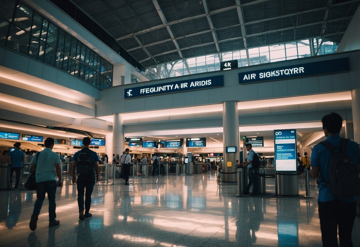 A bustling airport terminal with a prominent "Frequently Asked Questions" sign next to a Singapore Air KrisFlyer booth. Travelers and staff are visible in the background