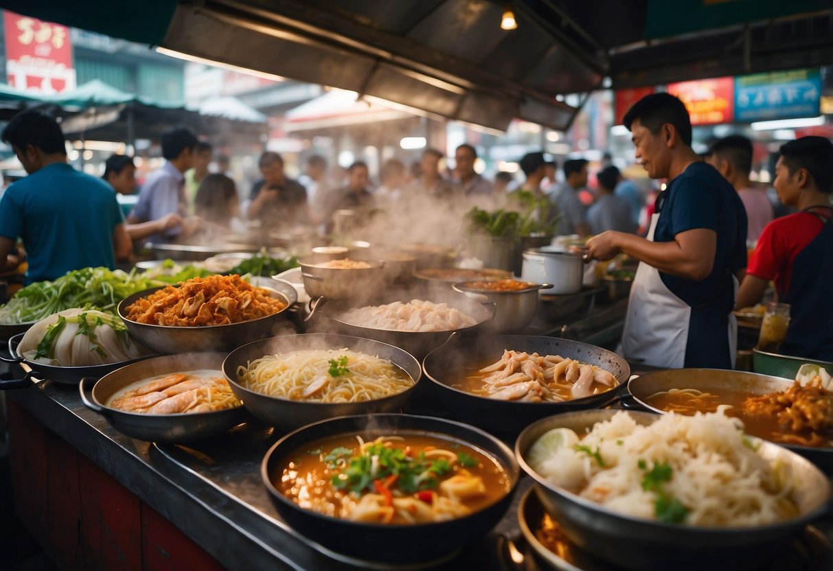 A bustling Singapore food market with stalls selling iconic dishes like Hainanese chicken rice, laksa, and chili crab. The aroma of sizzling satay and the sound of sizzling woks fill the air