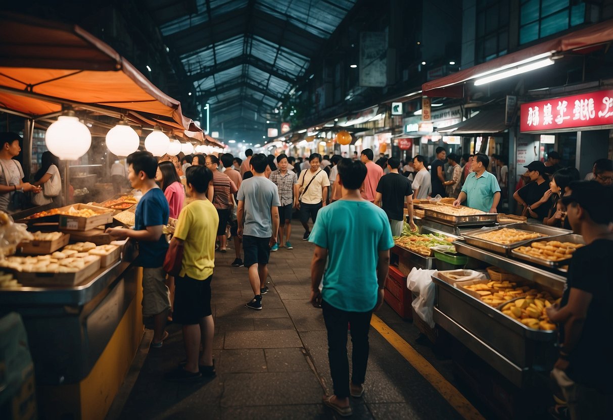 A bustling Singapore food market with colorful stalls, aromatic dishes, and a diverse crowd of locals and tourists