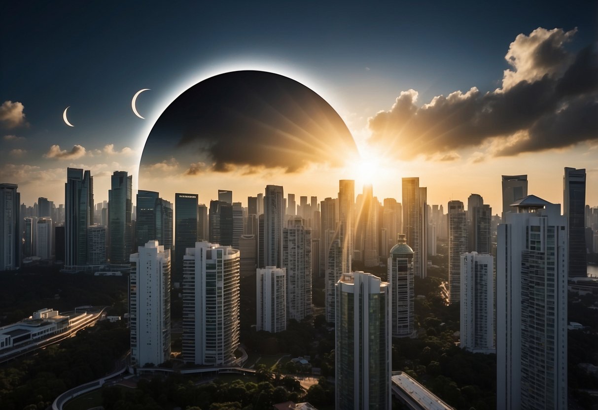 The sun is partially obscured by the moon, casting a shadow over the cityscape of Singapore. The sky darkens as the solar eclipse reaches its peak