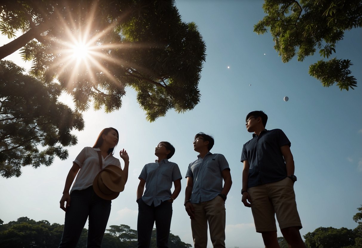 A group of people gather in a park, looking up at the sky as the moon partially covers the sun during a solar eclipse in Singapore